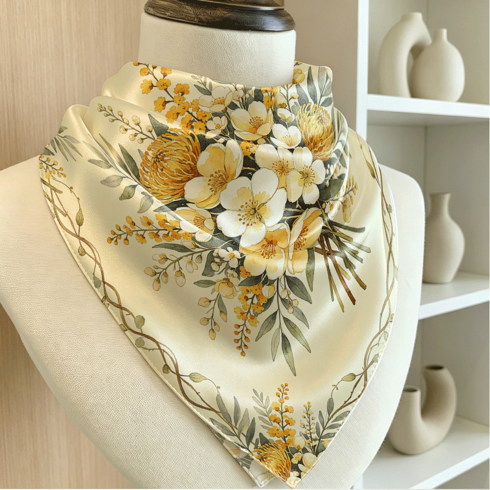 Women Accessories Bouquet - وشاح مربع ناعم وكريمي بطبعة باقة